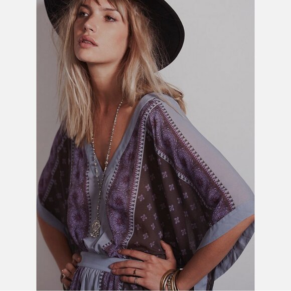 NWOT Free People Santa Cruz Dusty Blue Kimono Mini Dress - Picture 4 of 11